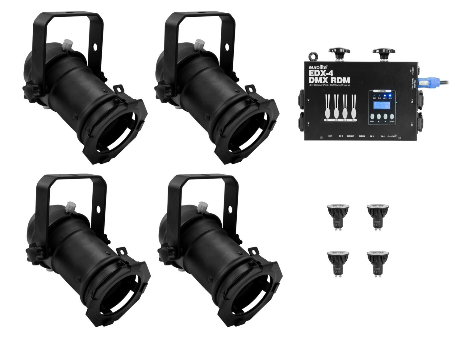 EUROLITE Zestaw 4x PAR-16 Spot bk dim2warm + EDX-4 DMX RDM LED Dimmer pack