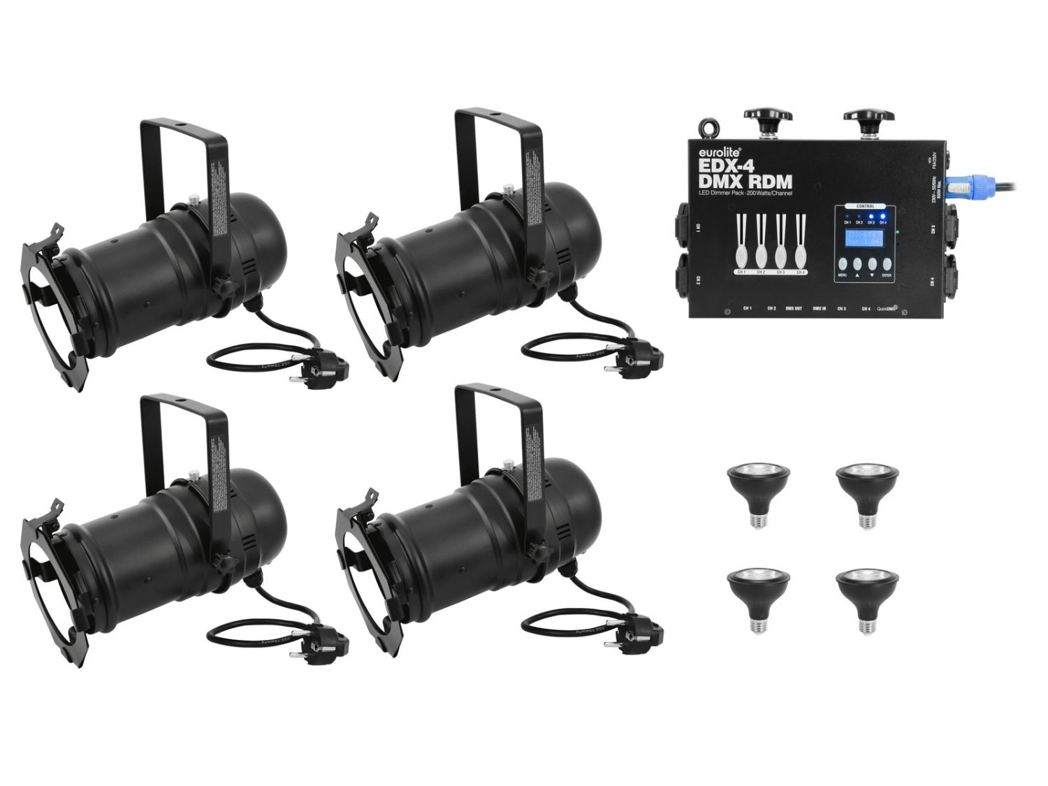 EUROLITE Zestaw 4x PAR-30 Spot sw dim2warm + EDX-4 DMX RDM LED Dimmer pack