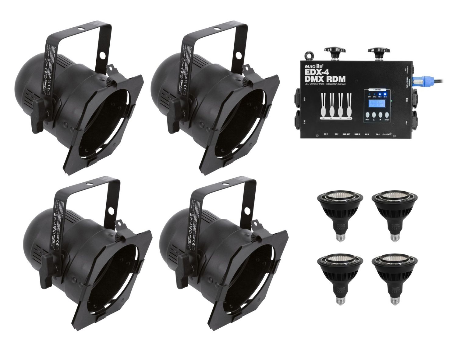 EUROLITE Zestaw 4x PAR-38 Spot bk dim2warm + EDX-4 DMX RDM LED Dimmer pack