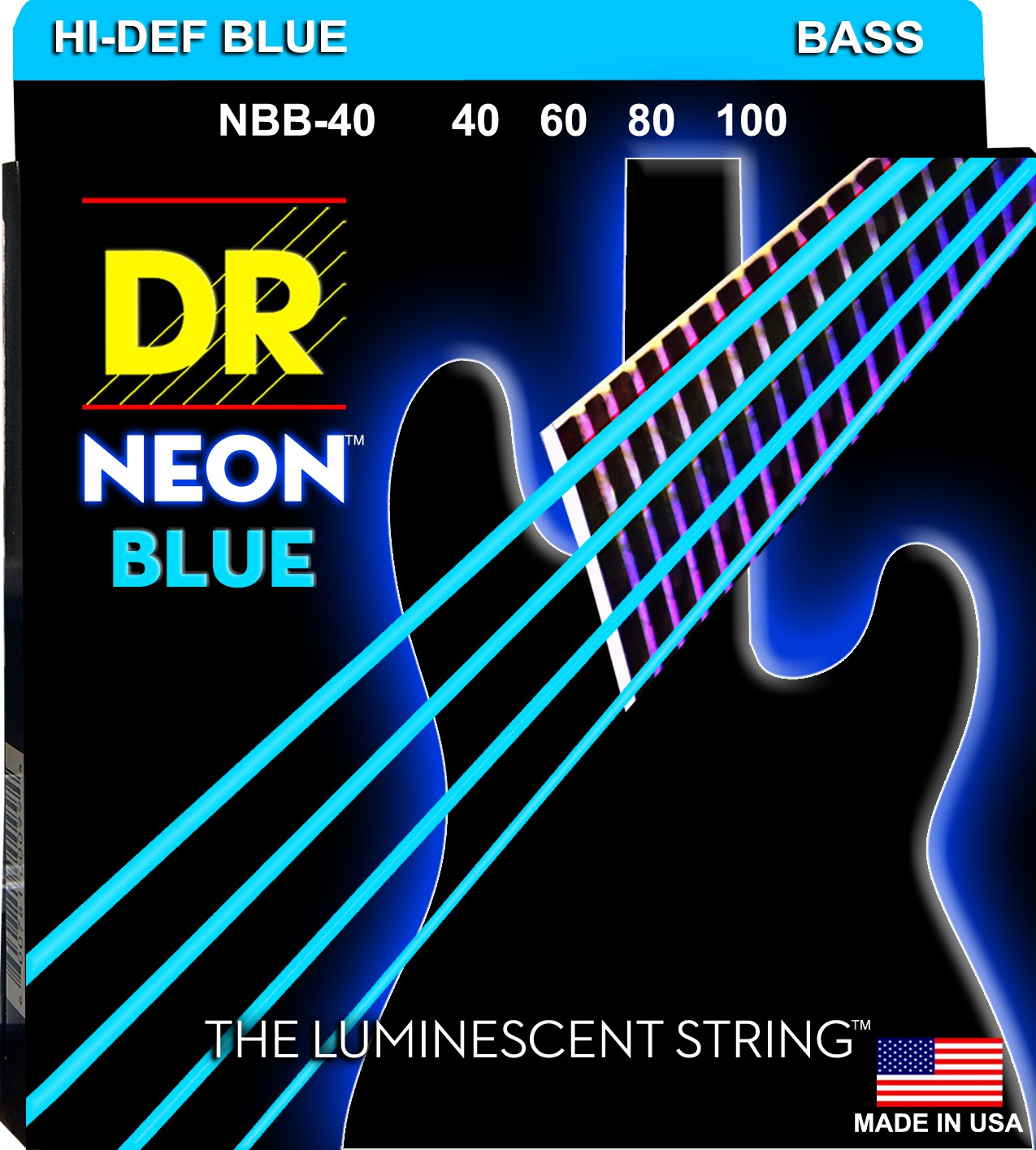 DR NEON Hi-Def Blue - struny do gitary basowej, 4-String, Light, .040-.100